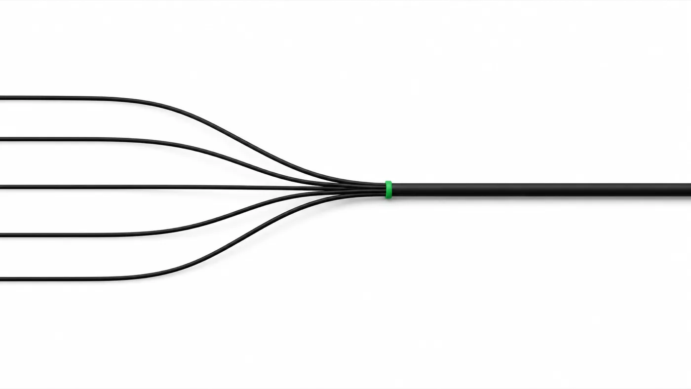 Many platform lines converging into a single connector cable through one green checkpoint.