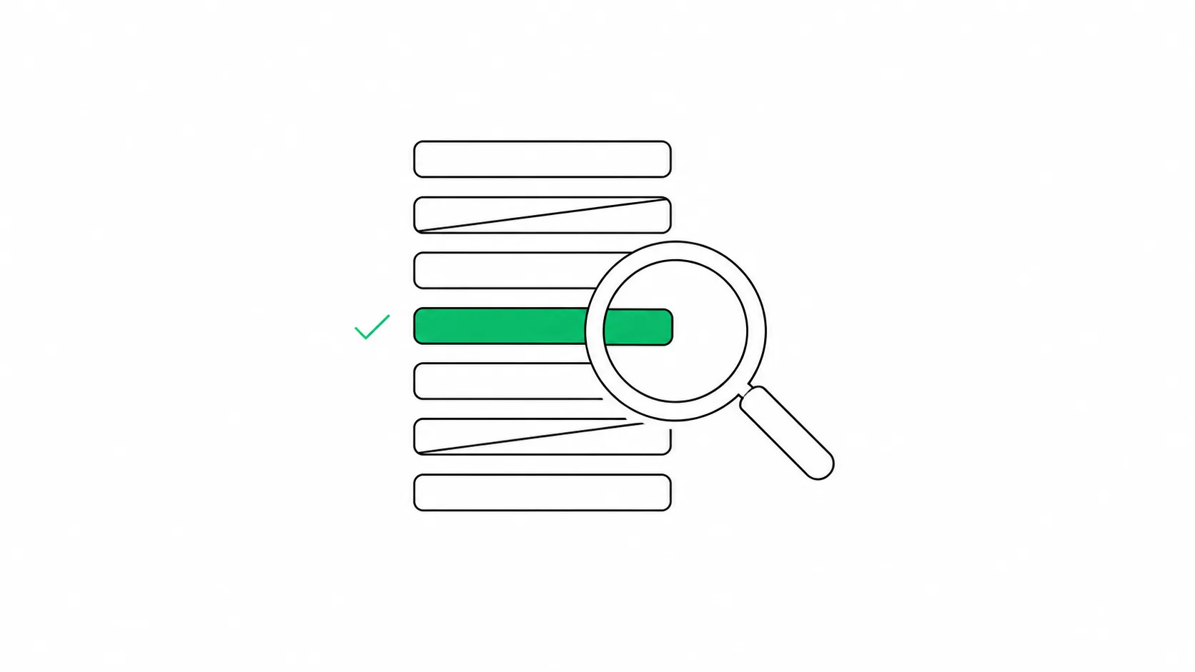 A magnifying glass over a list of search-query bars with one bar marked green and a checkmark, the keyword worth paying for, while two others are crossed out.