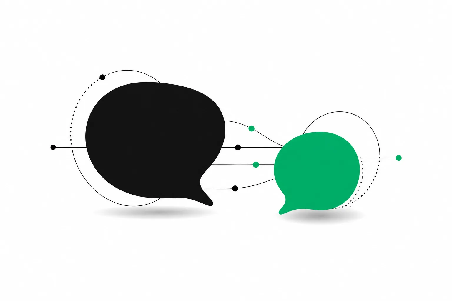 Two conversation lines meeting at a single green point — one direct route between a business owner and their account.