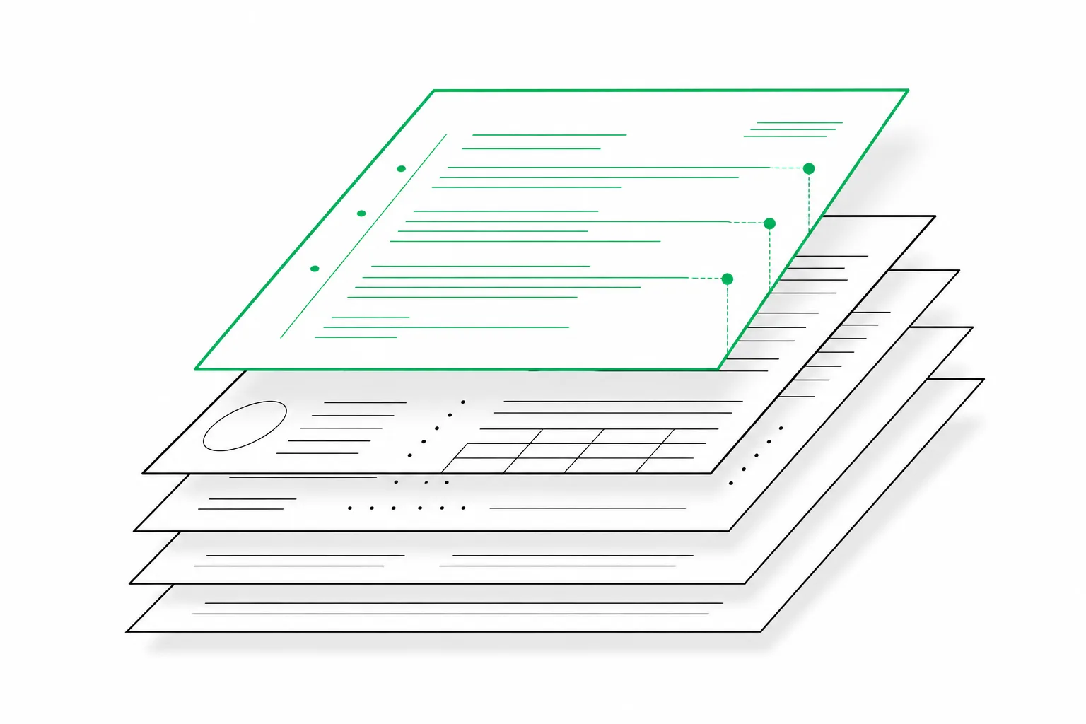 A stack of layered note sheets with the top sheet lifted clear and small green points marking measured findings.