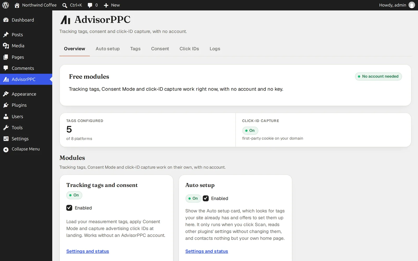 The AdvisorPPC WordPress plugin Overview tab in WordPress admin, showing five tracking tags configured and click-ID capture switched on.