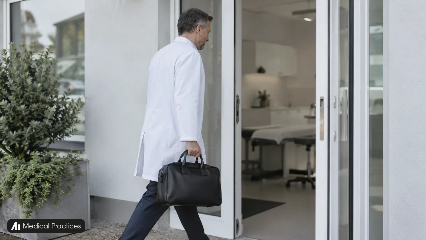 A clinician carrying a black bag enters a quiet clinic.