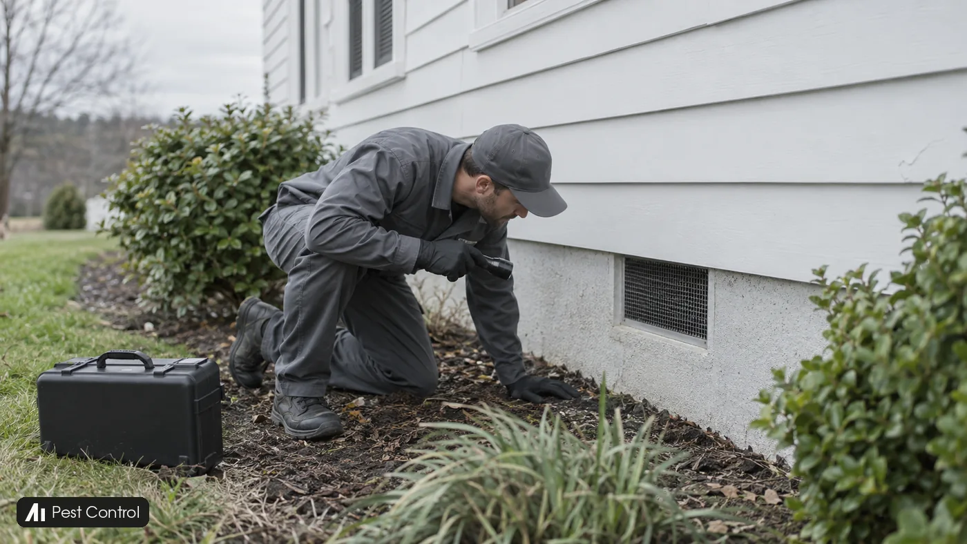 A pest technician inspects a house foundation vent with a flashlight beside a black case.