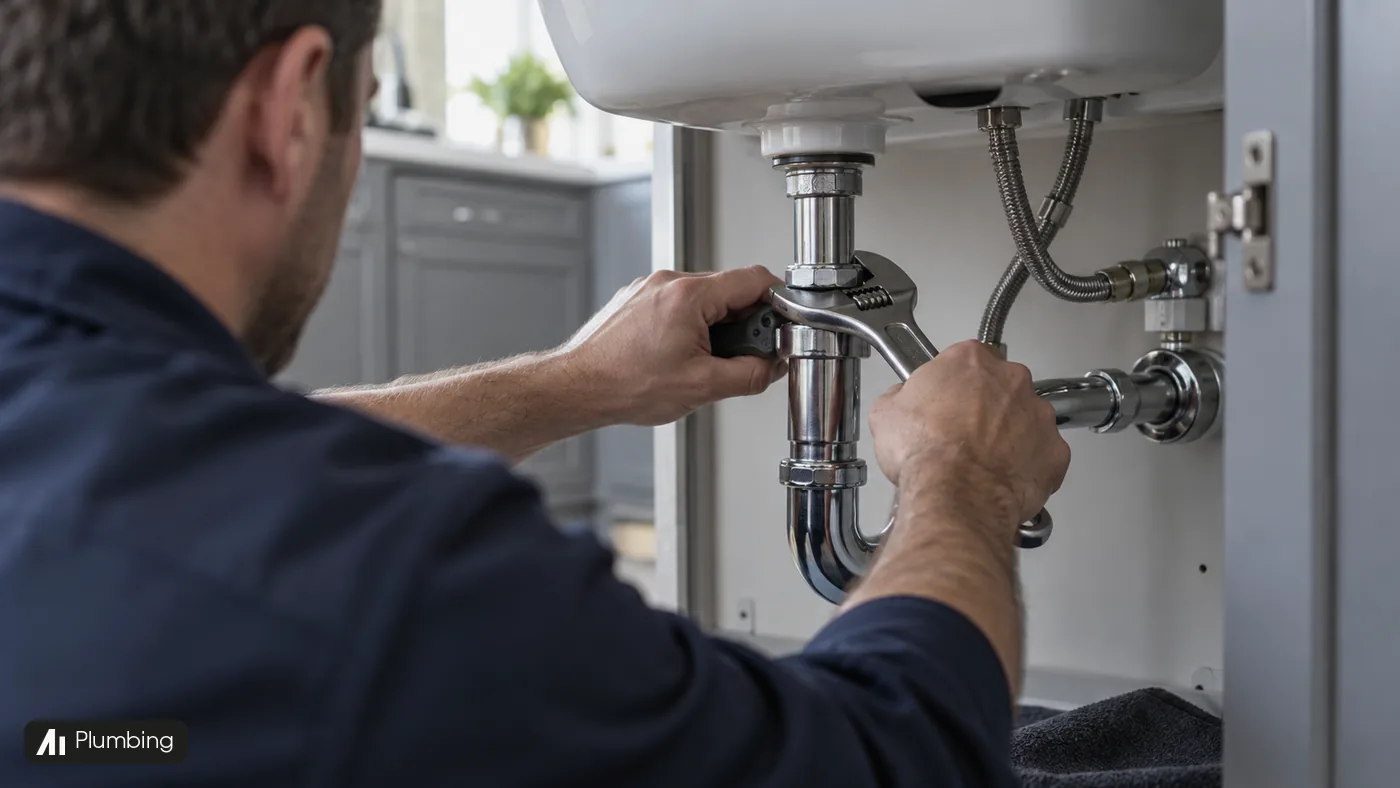 A plumber tightens a metal pipe connection beneath a white kitchen sink.