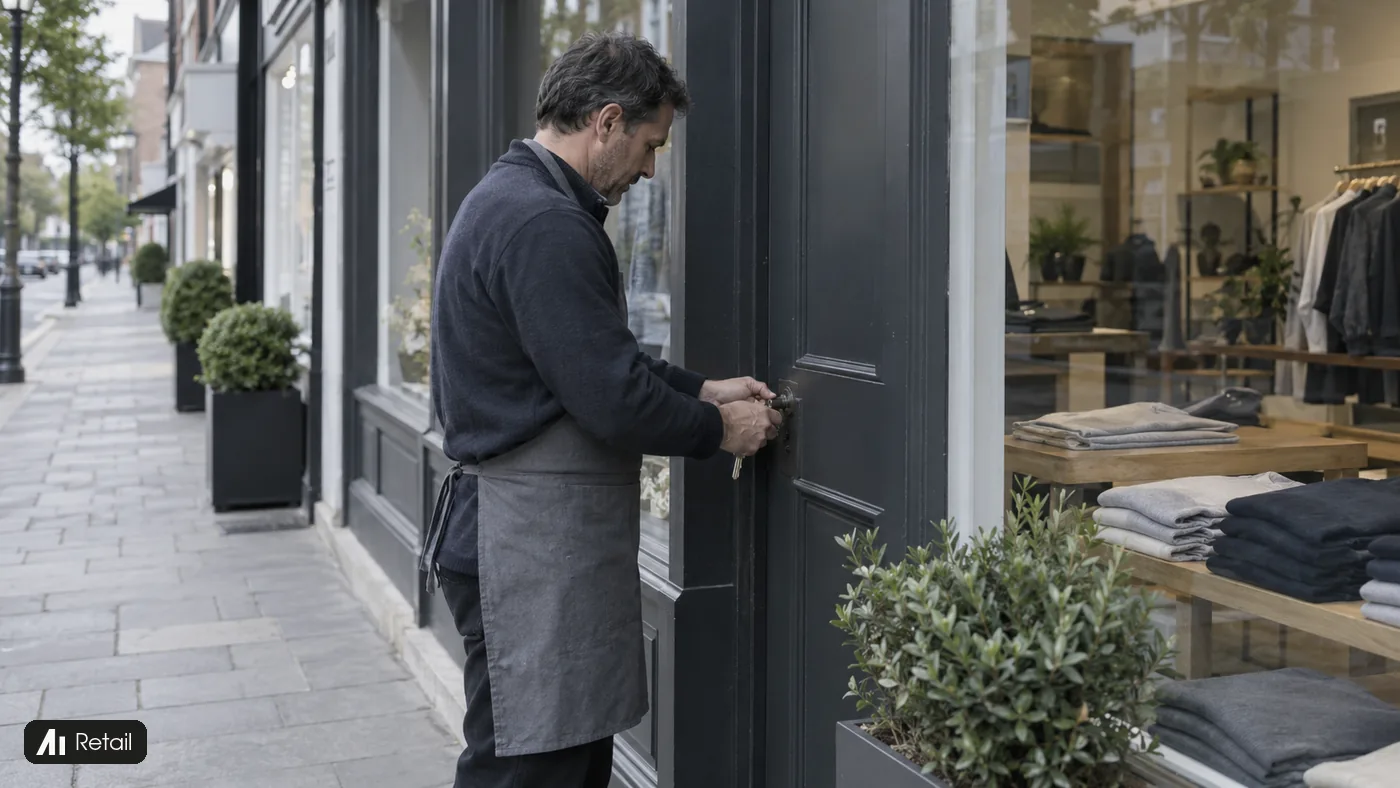 A shopkeeper unlocks a charcoal shop door beside a window displaying folded clothing.