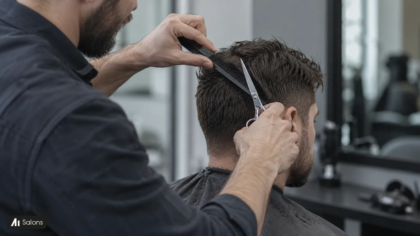 A barber trims a man's hair with steel scissors and a black comb.