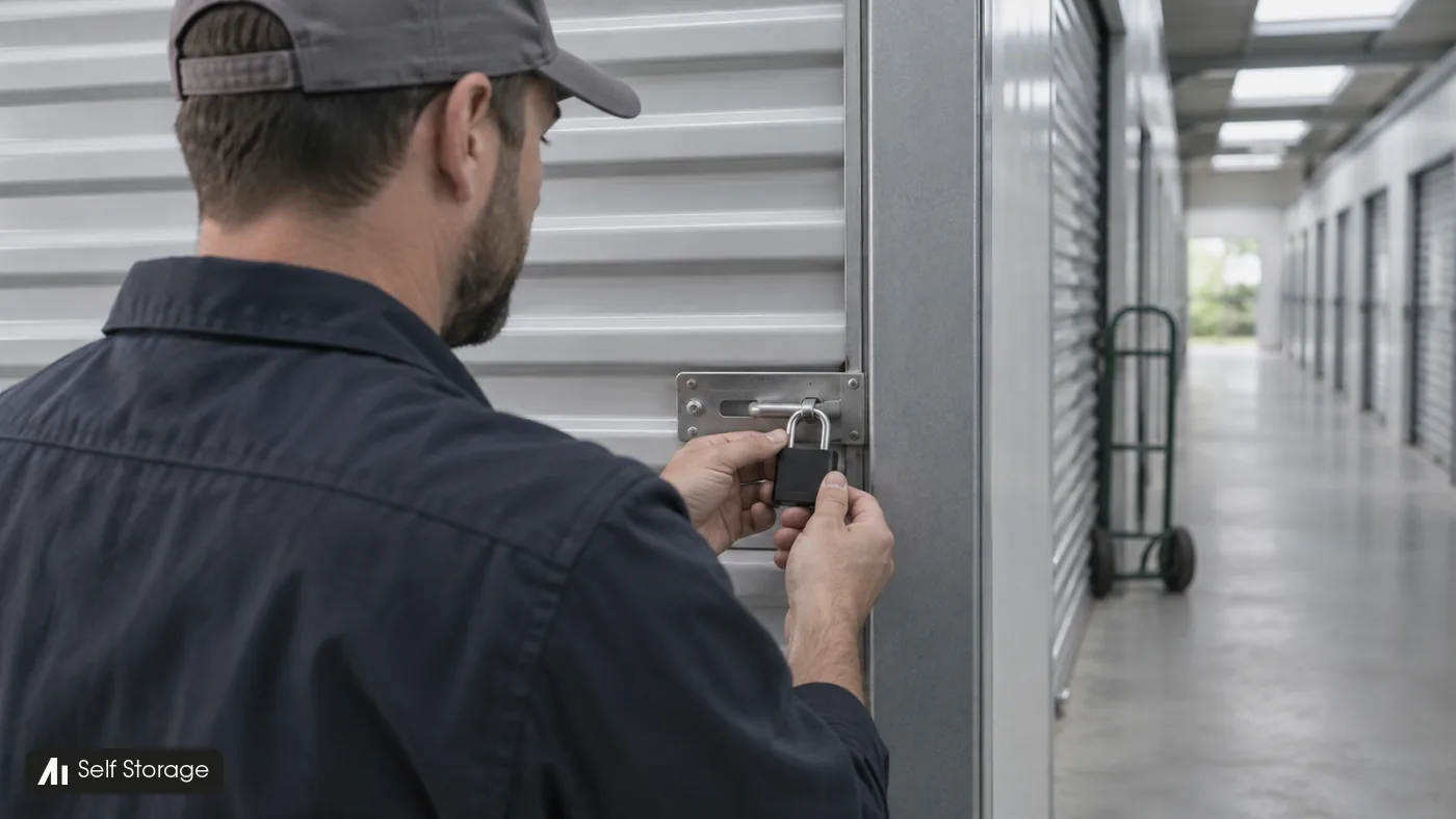 A storage operator checks a black padlock on a grey roll-up door in a quiet corridor.