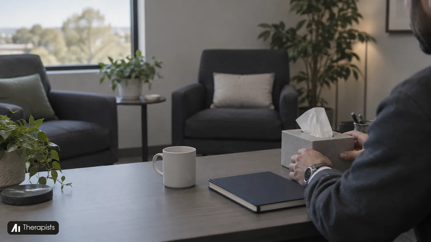 A therapist arranges a tissue box beside a mug and notebook with two armchairs beyond.