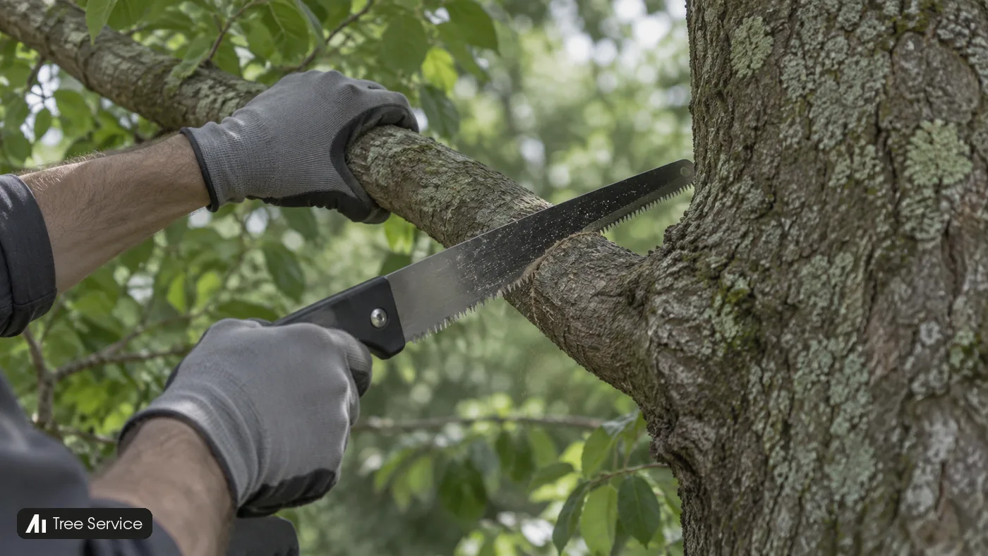 An arborist uses a pruning saw on a tree branch while holding it with a gloved hand.